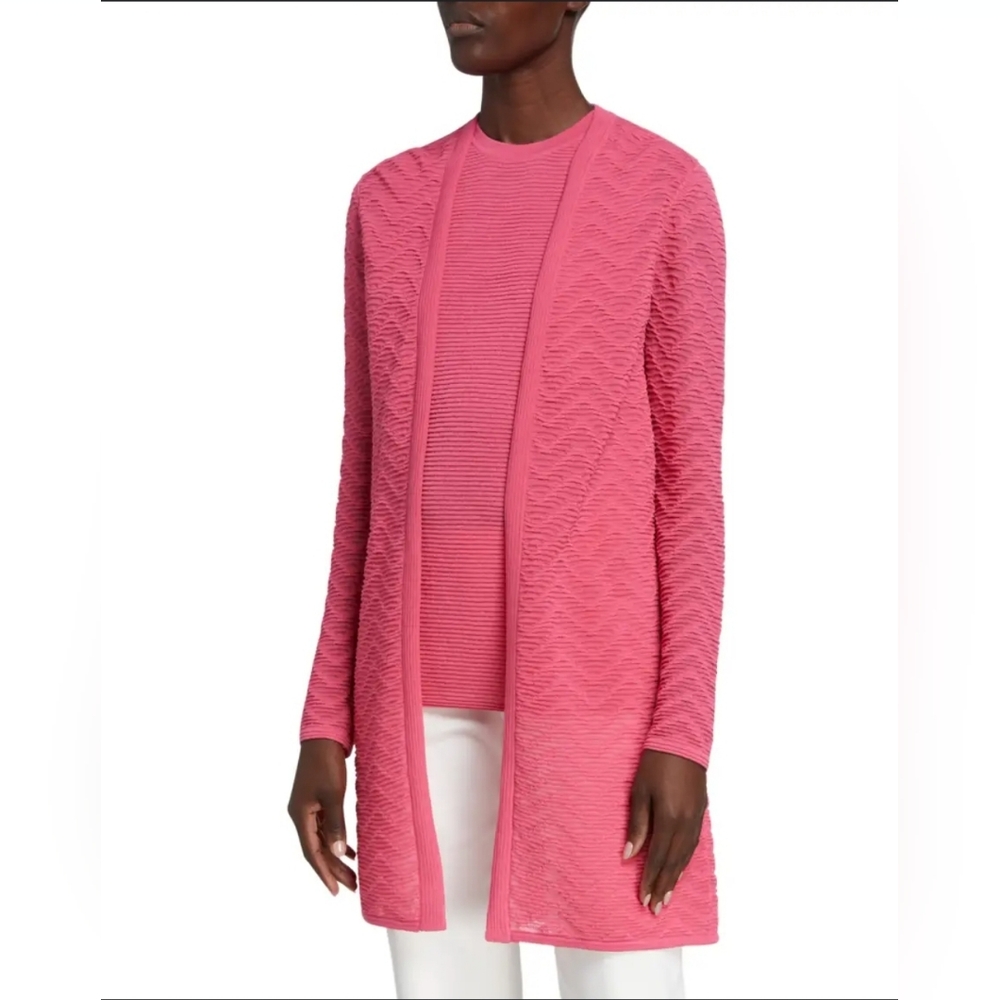 ST. JOHN Pink Chevron Knit Textured Open Sheer Duster Cardigan